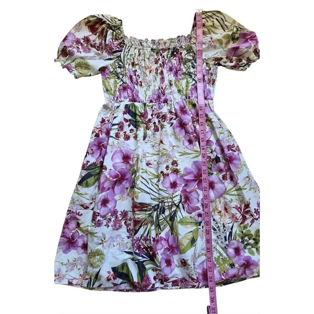 Floral Cotton Mini Dress Tropical Resort Smocked Off Shoulder Puff Sleeve Fits M - Picture 8 of 8
